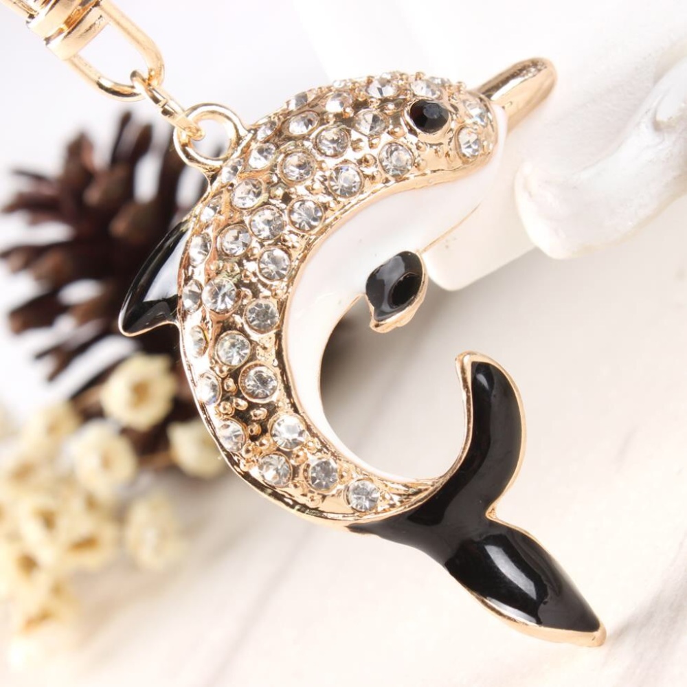 Black White & Gold Crystal Dolphin Charm Keychain - Picture 2 of 16